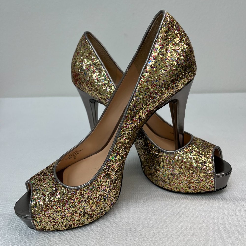 Guess Glitter Multicolor Gold Peep Toe Platform Heels Holiday Women's Size 9M